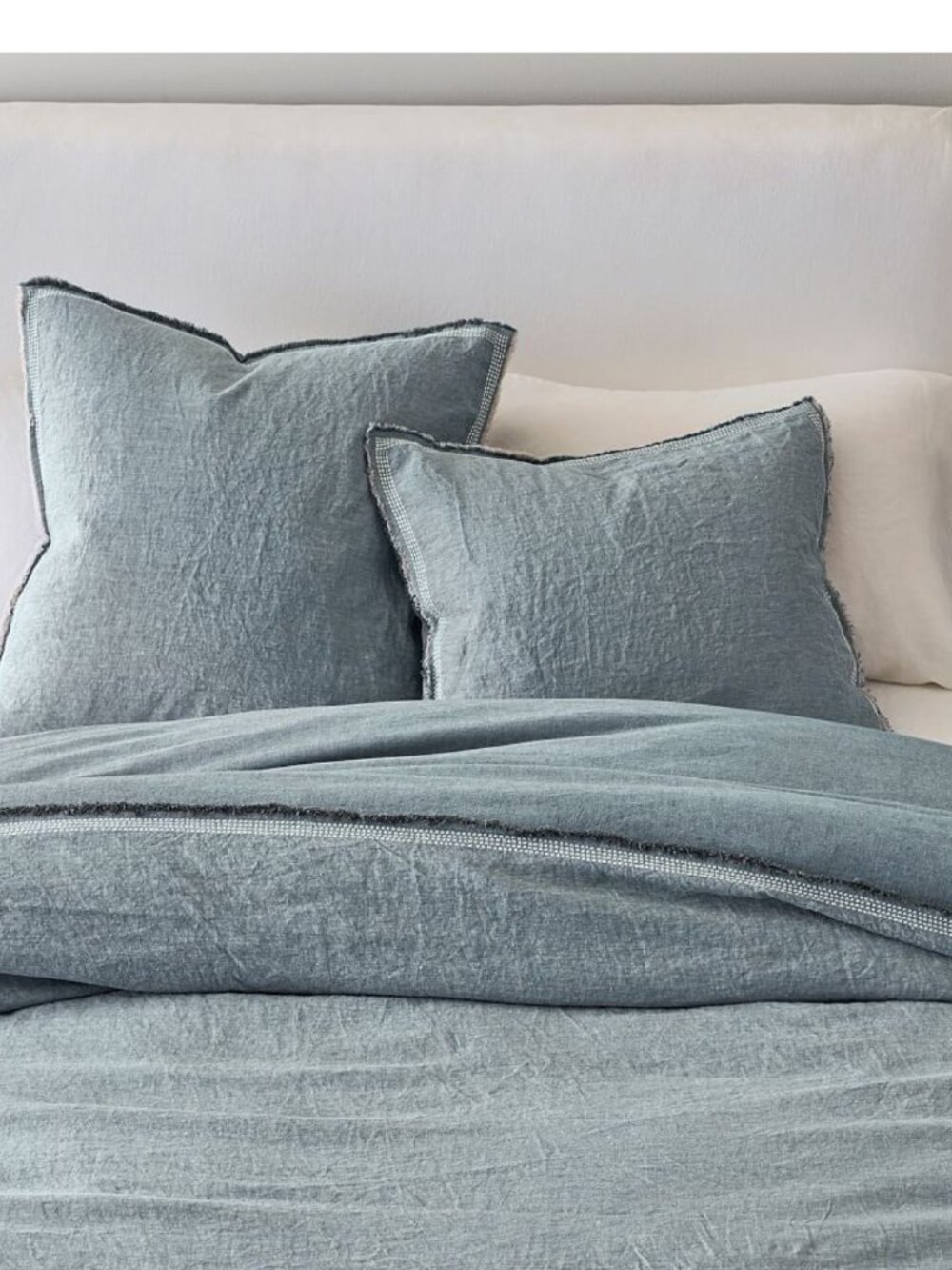 POTTERY BARN Euro Belgian Flax Linen Fringed Border Stitch Sham Chambray/White